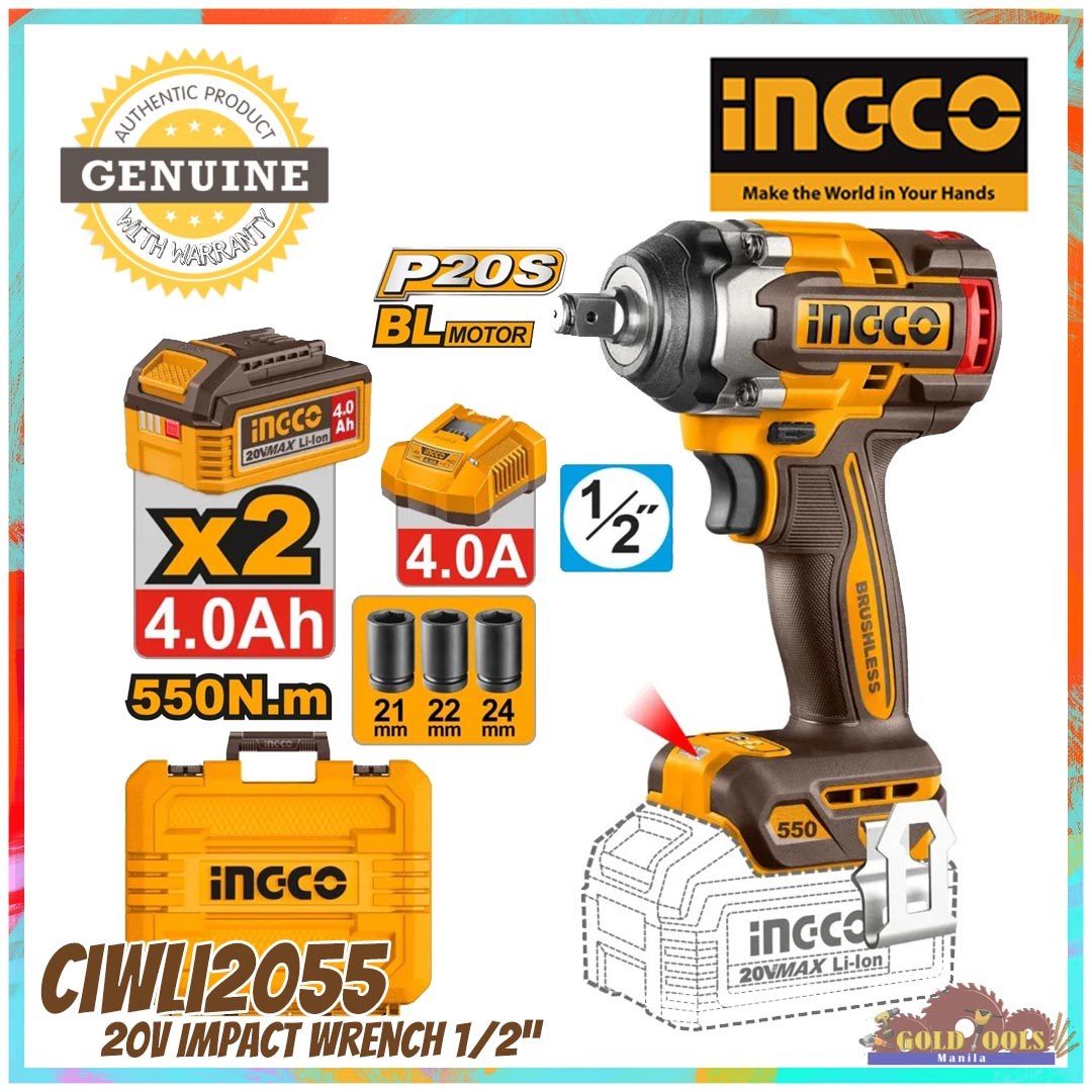 INGCO CIWLI2055 20V Brushless 550Nm 1/2" Cordless Impact Wrench Set