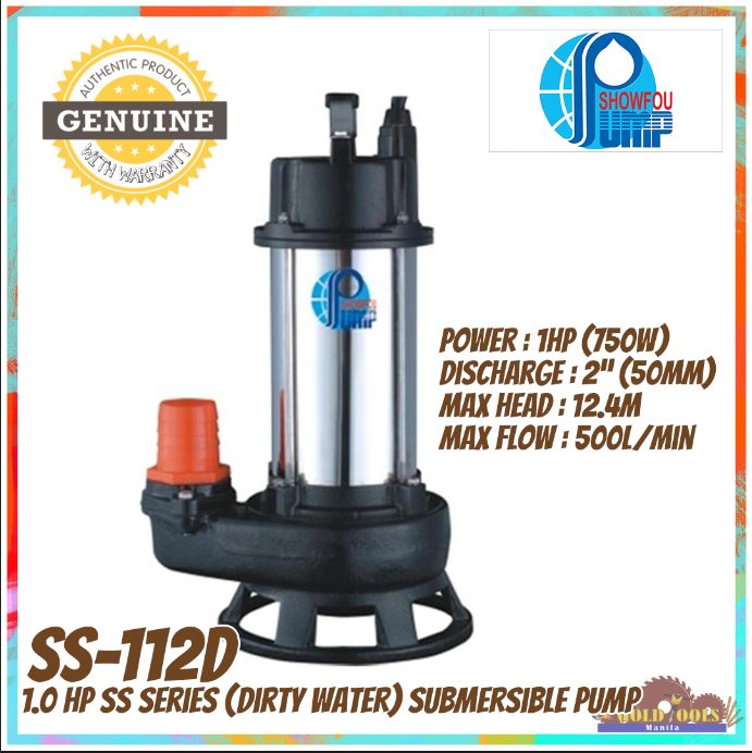 SHOWFOU SS-112D 1.0HP SS Series Submersible Waste Handling Pump (Dirty Water) >0.75kW, 500L/min, 12mH, 1phase, 2″