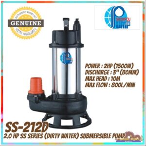 SHOWFOU SS-212D 2HP SS Series Submersible Waste Handling Pump (Dirty Water) >1.5kW, 800L/min, 13mH, 1phase, 3″